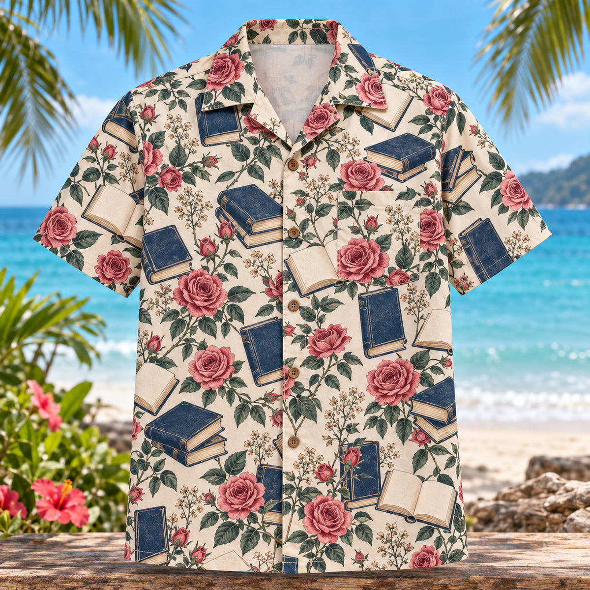 Front view of Book Club Rose Book Lover Hawaiian Shirt with blank books and roses in a literary botanical repeat