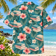 Back view of Book Stack Hibiscus Book Lover Hawaiian Shirt with matching artwork in teal, pink, cream
