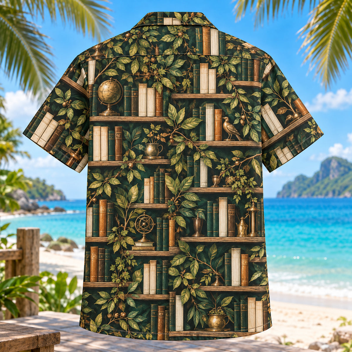Back view of Bookcase Botanical Book Lover Hawaiian Shirt with matching artwork in forest, cream, bronze