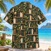 Back view of Bookcase Botanical Book Lover Hawaiian Shirt with matching artwork in forest, cream, bronze