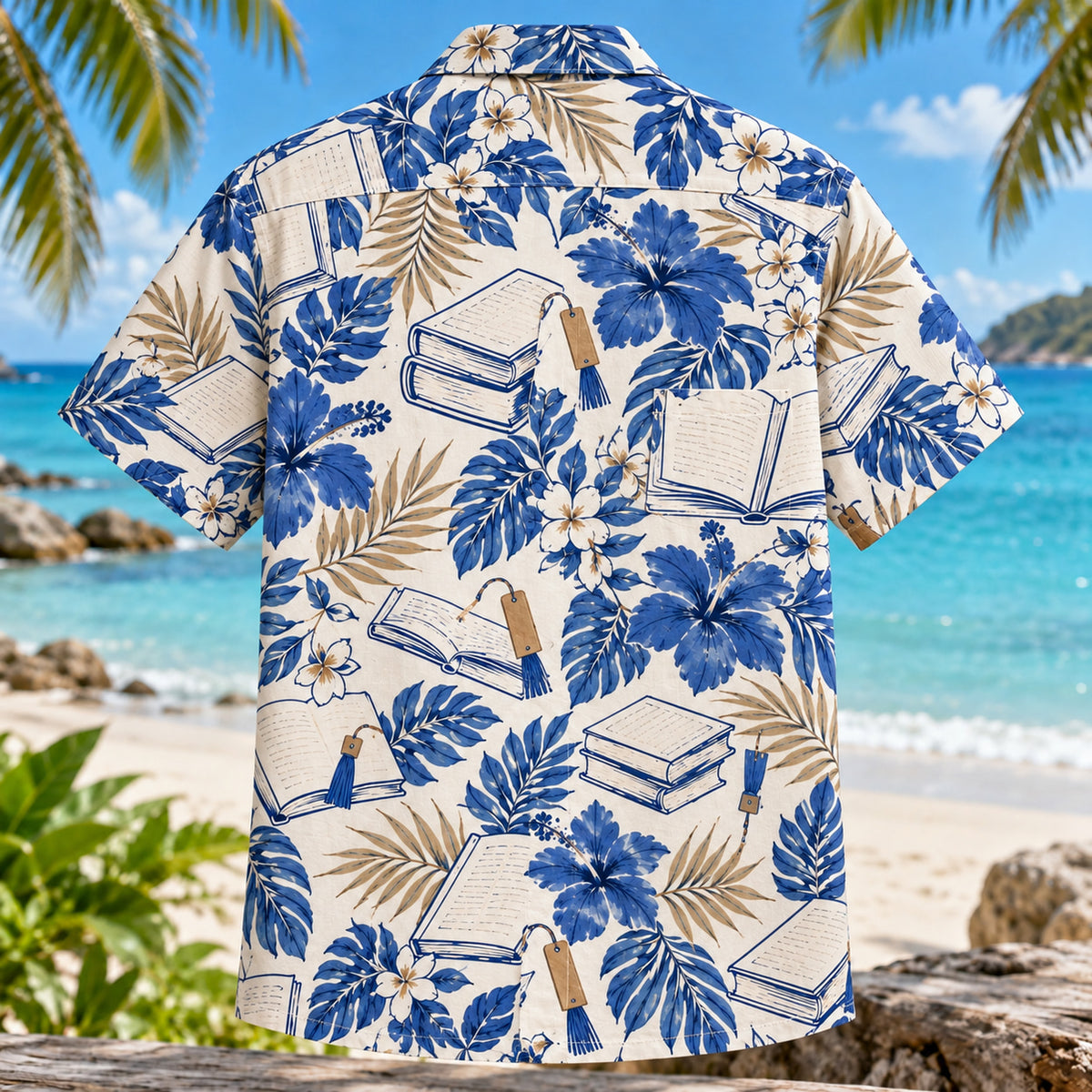 Back view of Bookish Blueprint Book Lover Hawaiian Shirt with matching artwork in cobalt, white, tan