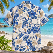 Back view of Bookish Blueprint Book Lover Hawaiian Shirt with matching artwork in cobalt, white, tan