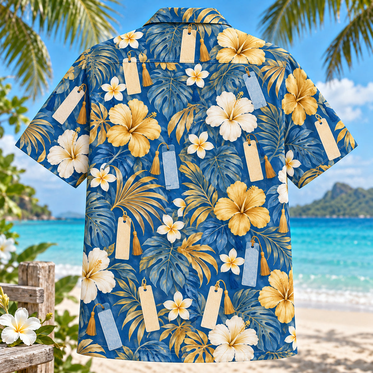 Back view of Bookmark Bloom Book Lover Hawaiian Shirt with matching artwork in blue, gold, ivory