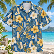 Front view of Bookmark Bloom Book Lover Hawaiian Shirt with plain bookmarks among tropical blooms