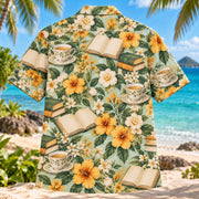 Back view of Books and Tea Book Lover Hawaiian Shirt with matching artwork in mint, amber, ivory