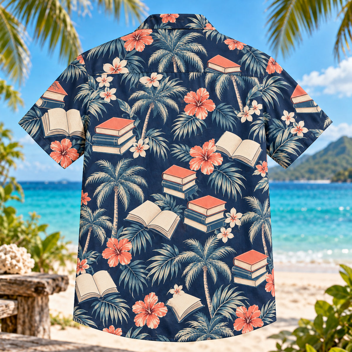 Back view of Books Palm Book Lover Hawaiian Shirt with matching artwork in navy, coral, ivory