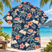 Back view of Books Palm Book Lover Hawaiian Shirt with matching artwork in navy, coral, ivory