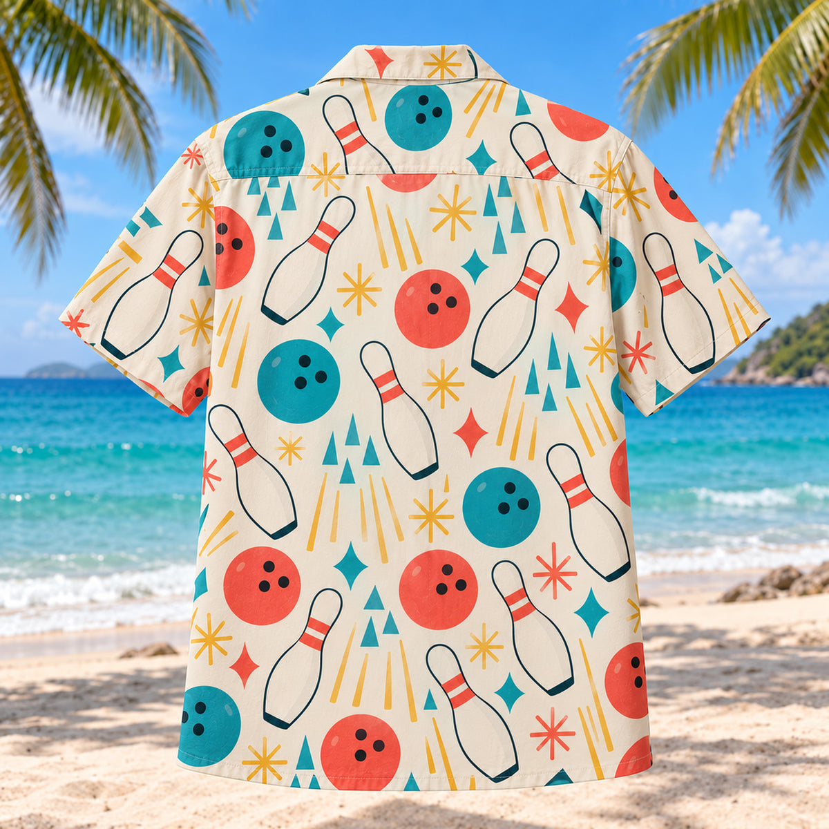 Back view of Bowling Confetti Hawaiian Shirt with matching bowling artwork in cream, coral, teal, butter yellow