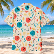 Back view of Bowling Confetti Hawaiian Shirt with matching bowling artwork in cream, coral, teal, butter yellow
