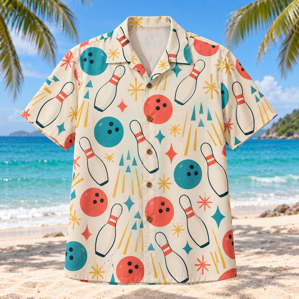 Front view of Bowling Confetti Hawaiian Shirt with scattered bowling pins, three-hole balls, little lane arrows and festive abstract shapes