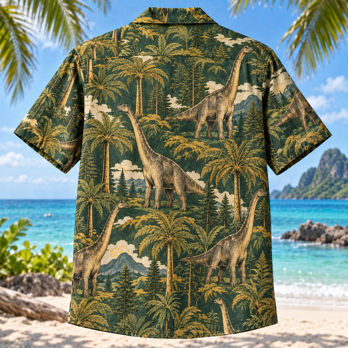 Back view of Brachiosaurus Canopy Dinosaur Hawaiian Shirt with matching artwork in forest, gold, cream