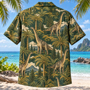 Back view of Brachiosaurus Canopy Dinosaur Hawaiian Shirt with matching artwork in forest, gold, cream