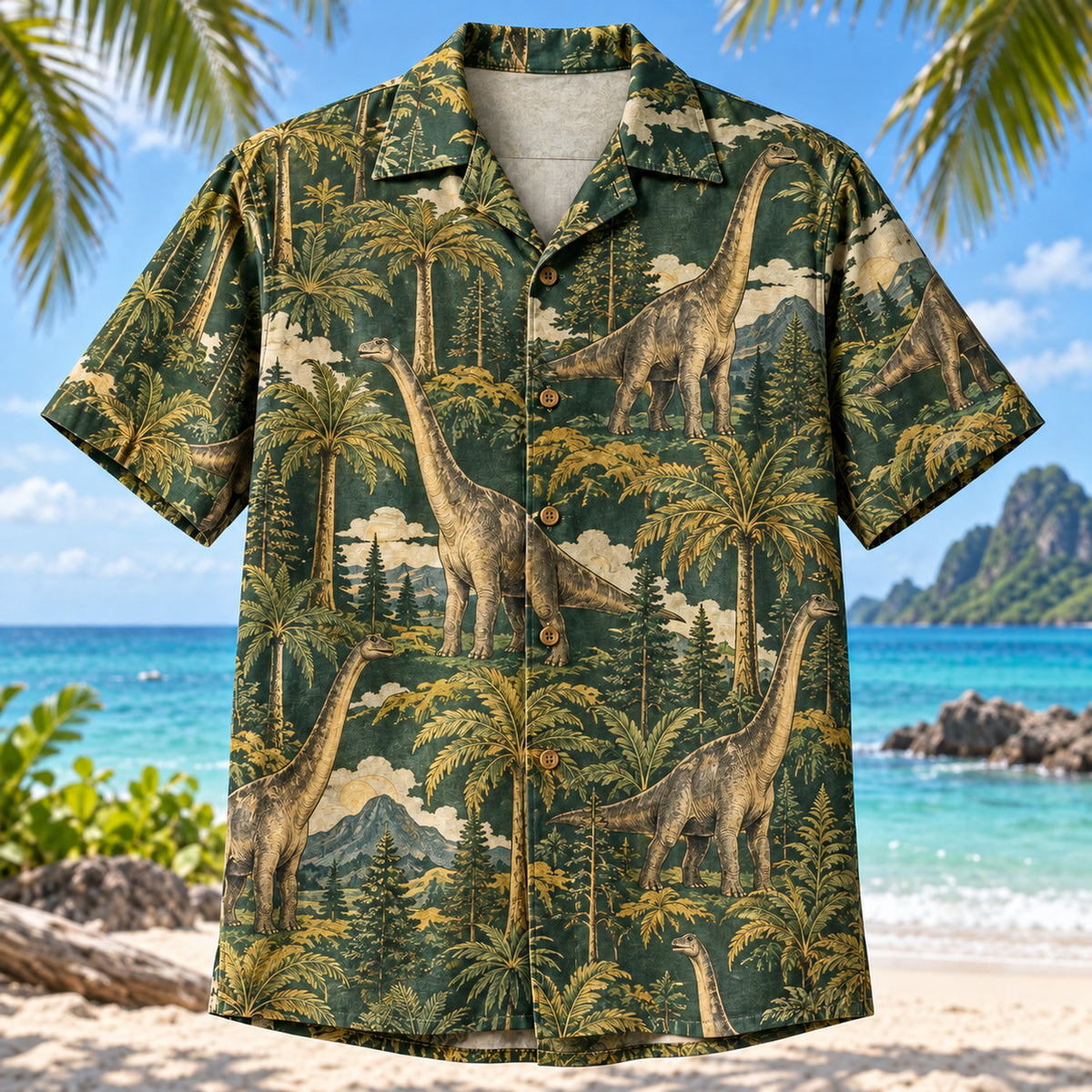 Front view of Brachiosaurus Canopy Dinosaur Hawaiian Shirt with long-necked Brachiosaurus among tall prehistoric plants