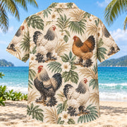 Back view of Brahma Coast Chicken Hawaiian Shirt with matching artwork in cream, sand, sage