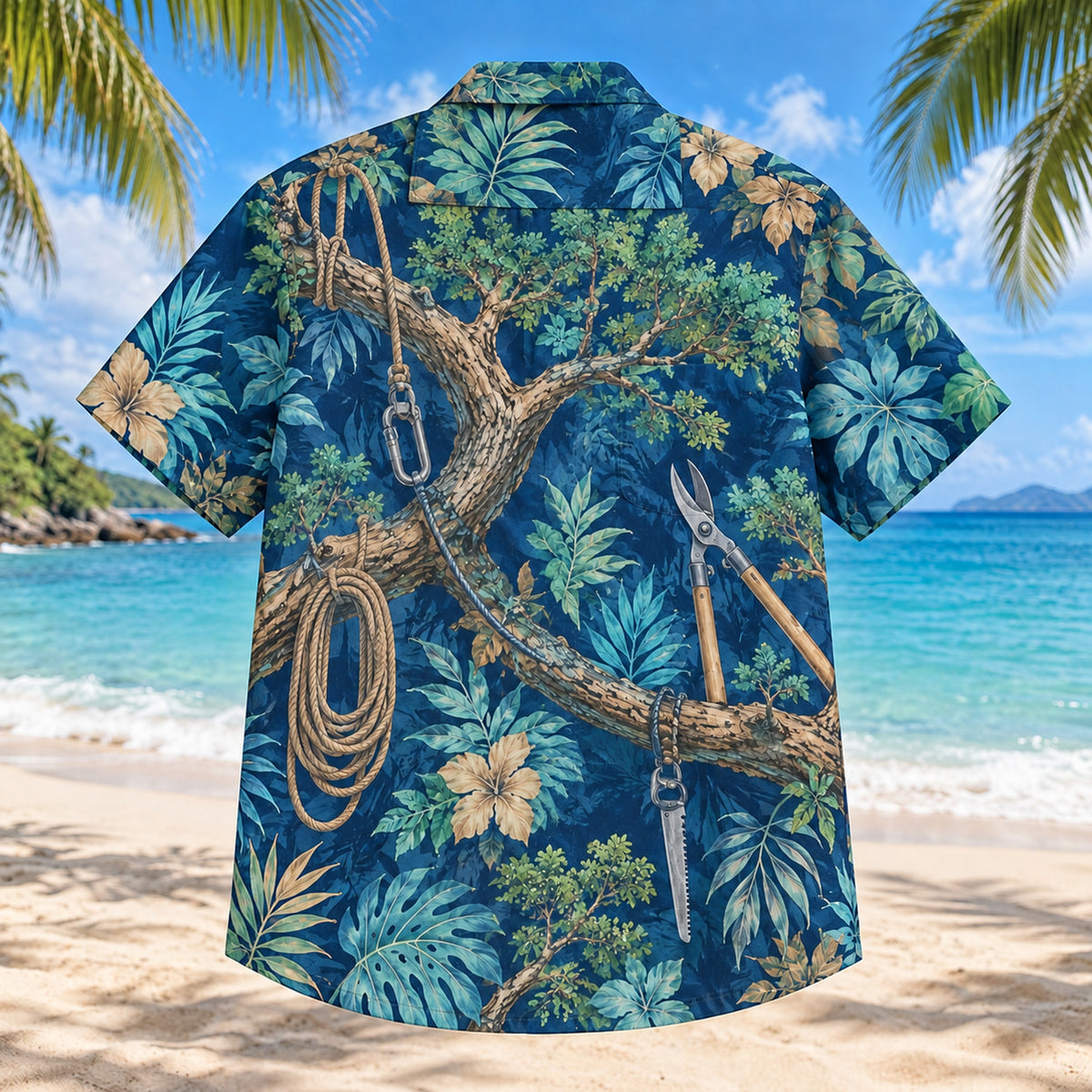 Back view of Branch Pattern Arborist Hawaiian Shirt with matching artwork in indigo, aqua, tan