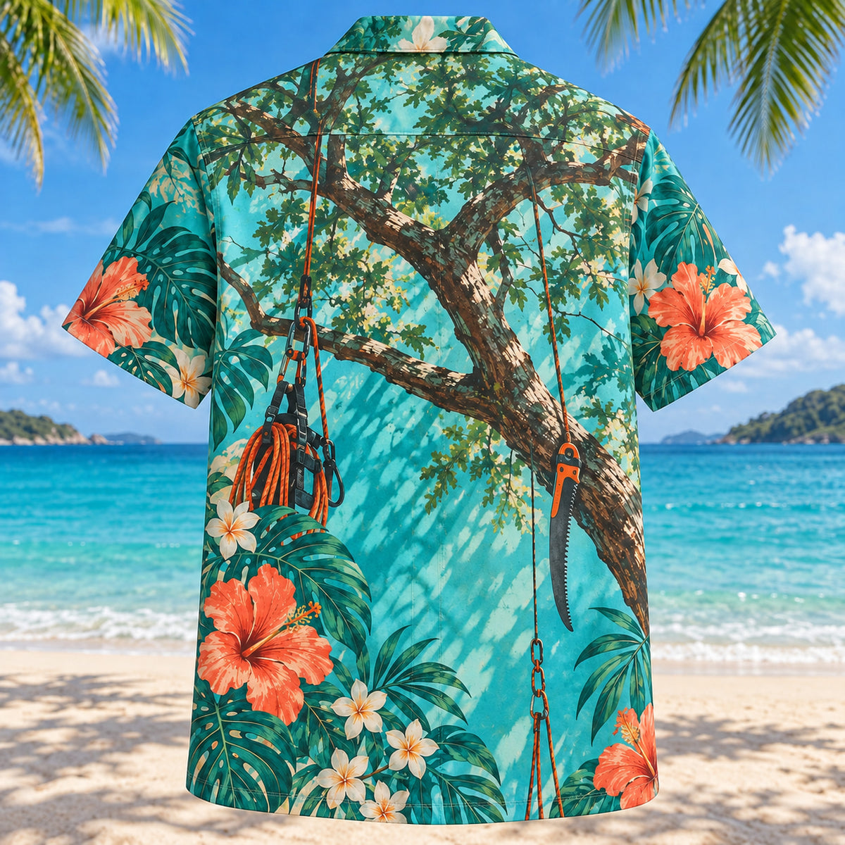 Back view of Branch Shadow Arborist Hawaiian Shirt with matching artwork in turquoise, coral, cream
