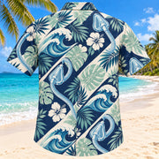 Back view of Breathing Wave Navy Respiratory Therapist Hawaiian Shirt with matching artwork in navy, aqua, warm cream