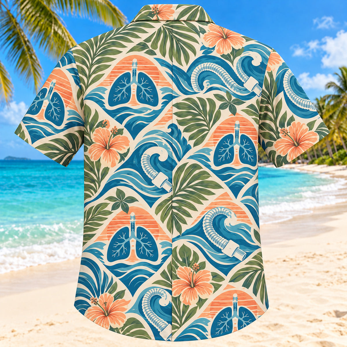 Back view of Breathing Wave Sunset Respiratory Therapist Hawaiian Shirt with matching artwork in sunset peach, sea blue, olive
