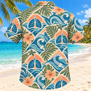 Back view of Breathing Wave Sunset Respiratory Therapist Hawaiian Shirt with matching artwork in sunset peach, sea blue, olive
