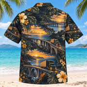 Back view of Bridge Crossing Truck Driver Hawaiian Shirt with matching artwork in midnight, amber, ivory