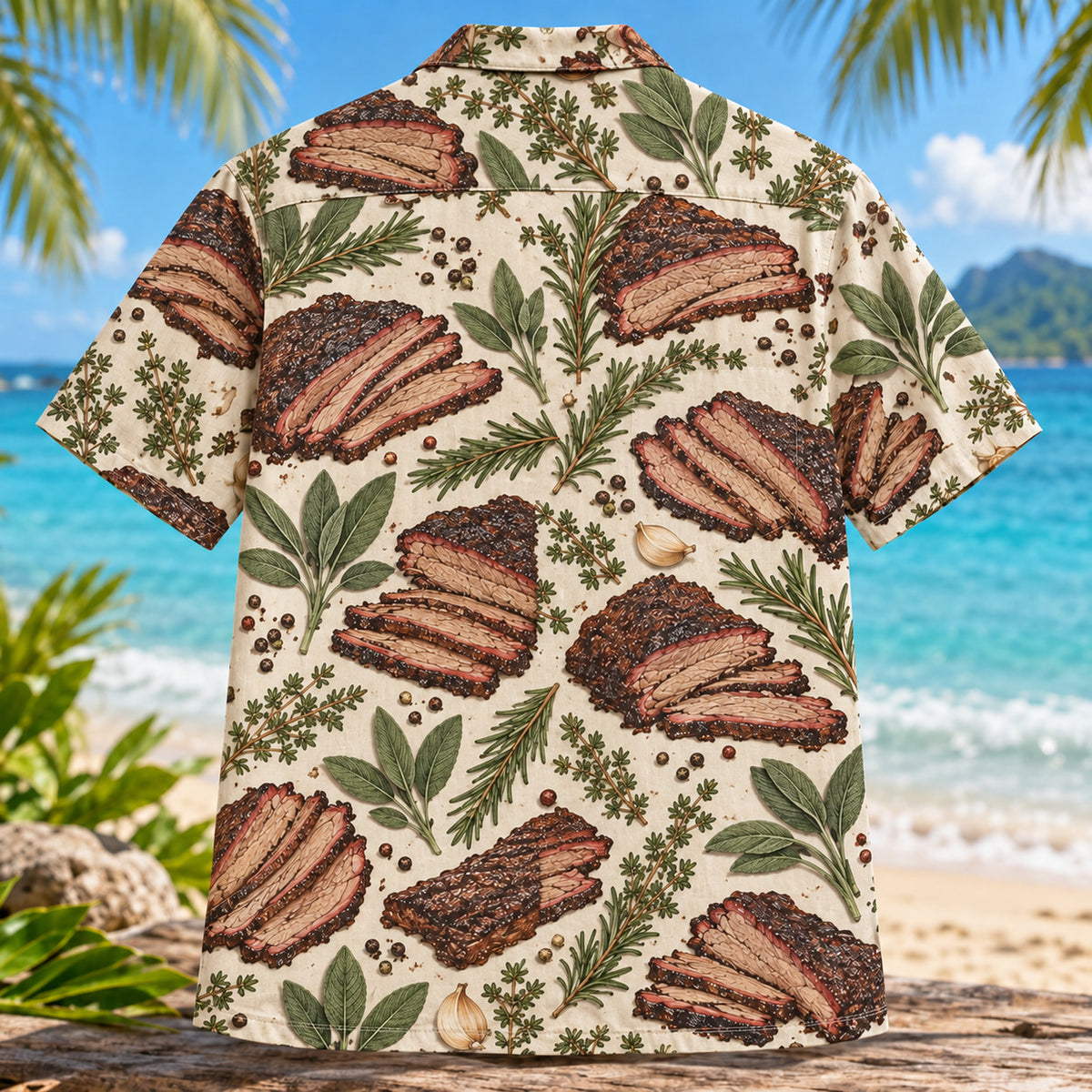 Back view of Brisket Botanical BBQ Hawaiian Shirt with matching artwork in brown, sage, ivory