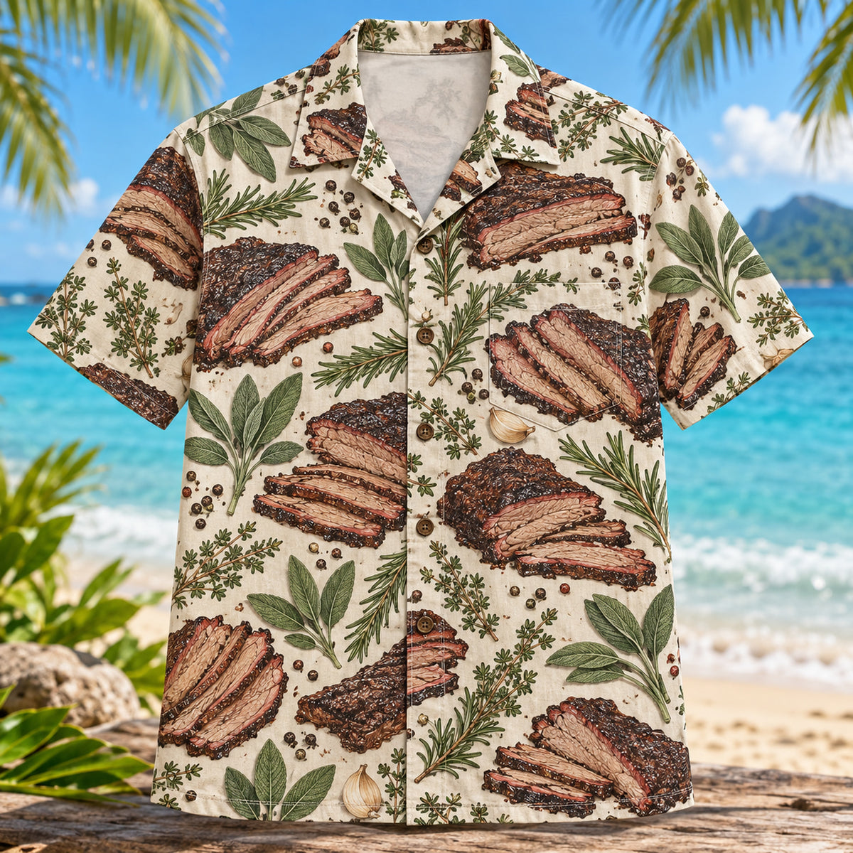 Front view of Brisket Botanical BBQ Hawaiian Shirt with illustrated brisket slices and botanical herbs