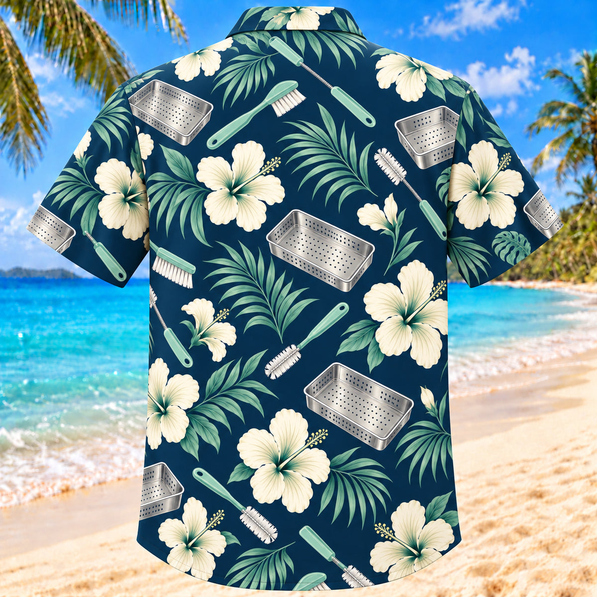 Back view of Brush And Bloom Navy Cream Sterile Processing Technician Hawaiian Shirt with matching artwork in navy, warm ivory, pale seafoam