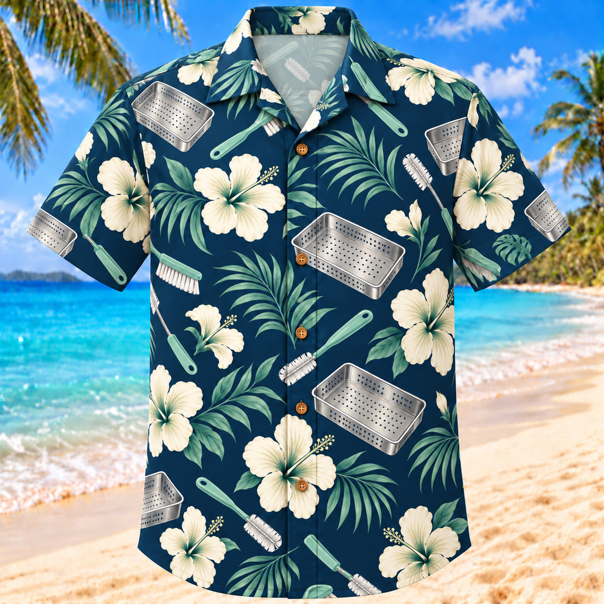 Front view of Brush And Bloom Navy Cream Sterile Processing Technician Hawaiian Shirt with original simple cleaning brushes, empty trays and hibiscus in a spacious repeat