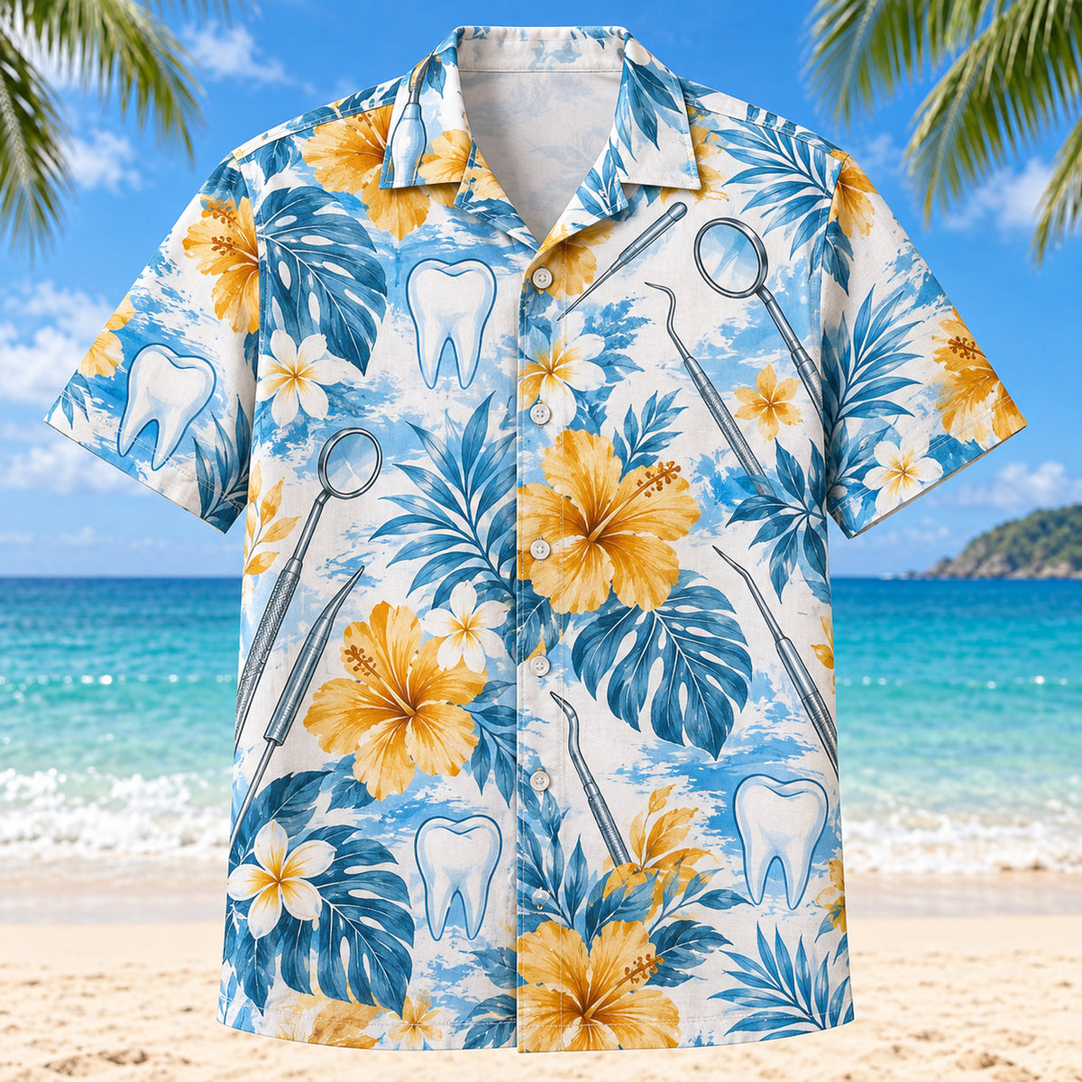 Front view of Brush Strokes Dentist Hawaiian Shirt with original brush strokes motifs, with tropical botanical accents; no text or branded equipment