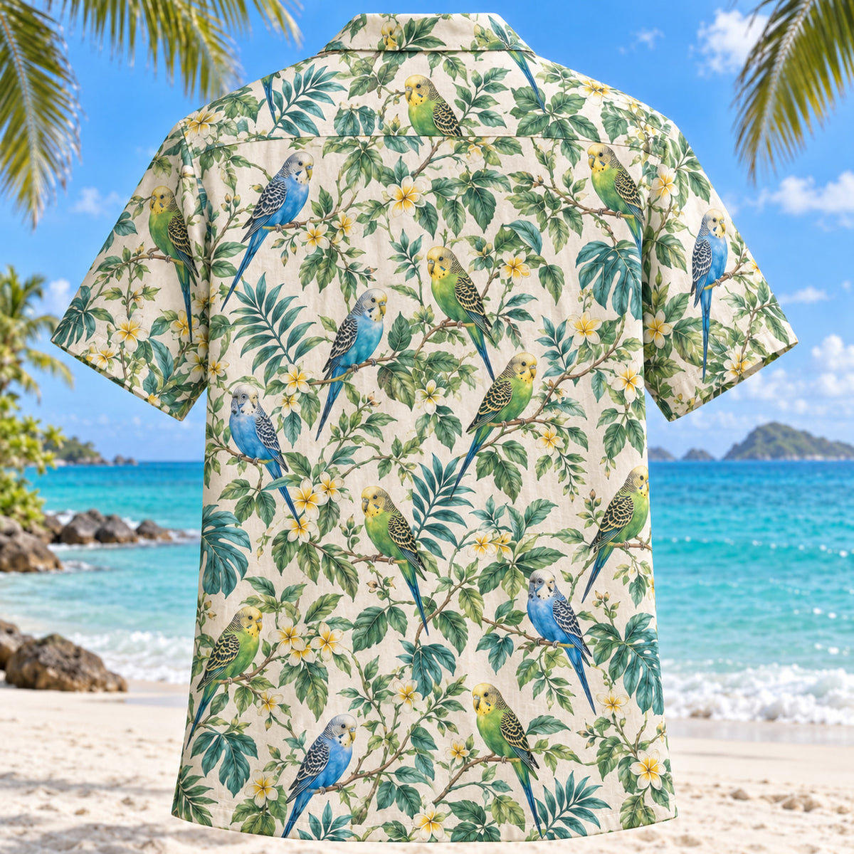 Back view of Budgie Botanical Parrot Hawaiian Shirt with matching pet parrot artwork in leaf green, turquoise, cream, soft yellow