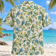 Back view of Budgie Botanical Parrot Hawaiian Shirt with matching pet parrot artwork in leaf green, turquoise, cream, soft yellow