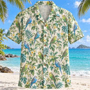 Front view of Budgie Botanical Parrot Hawaiian Shirt with original blue and green budgerigars among delicate tropical vines