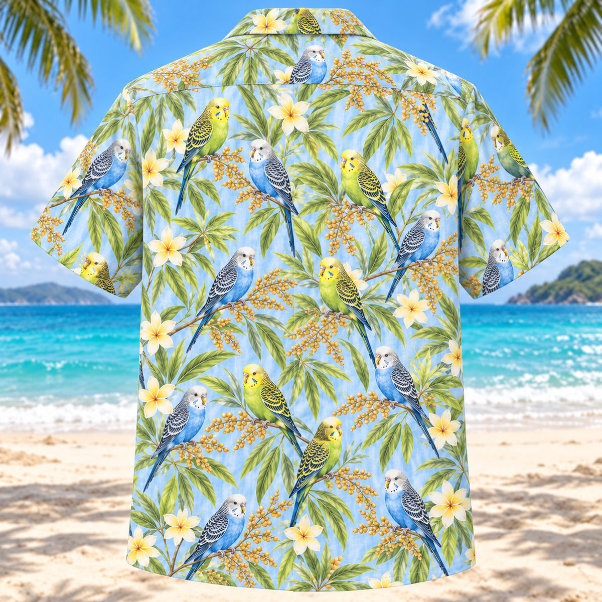 Back view of Budgie Sunshine Parrot Hawaiian Shirt with matching pet parrot artwork in sky blue, lime, pale yellow, white