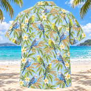 Back view of Budgie Sunshine Parrot Hawaiian Shirt with matching pet parrot artwork in sky blue, lime, pale yellow, white