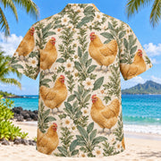 Back view of Buff Orpington Garden Chicken Hawaiian Shirt with matching artwork in gold, sage, cream
