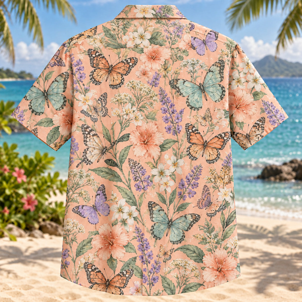 Back view of Butterfly Meadow Butterfly and Moth Hawaiian Shirt with matching artwork in peach, mint, lilac