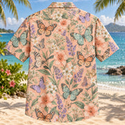 Back view of Butterfly Meadow Butterfly and Moth Hawaiian Shirt with matching artwork in peach, mint, lilac