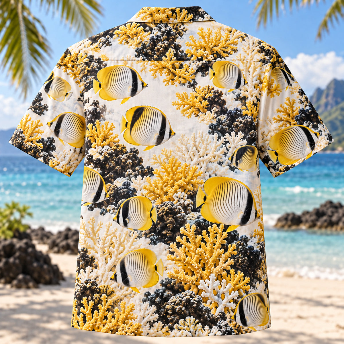 Back view of Butterflyfish Reef Reef Aquarium Hawaiian Shirt with matching artwork in yellow, white, black