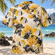 Back view of Butterflyfish Reef Reef Aquarium Hawaiian Shirt with matching artwork in yellow, white, black