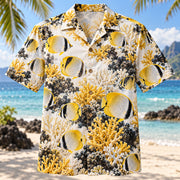 Front view of Butterflyfish Reef Reef Aquarium Hawaiian Shirt with butterflyfish swimming through a vibrant reef