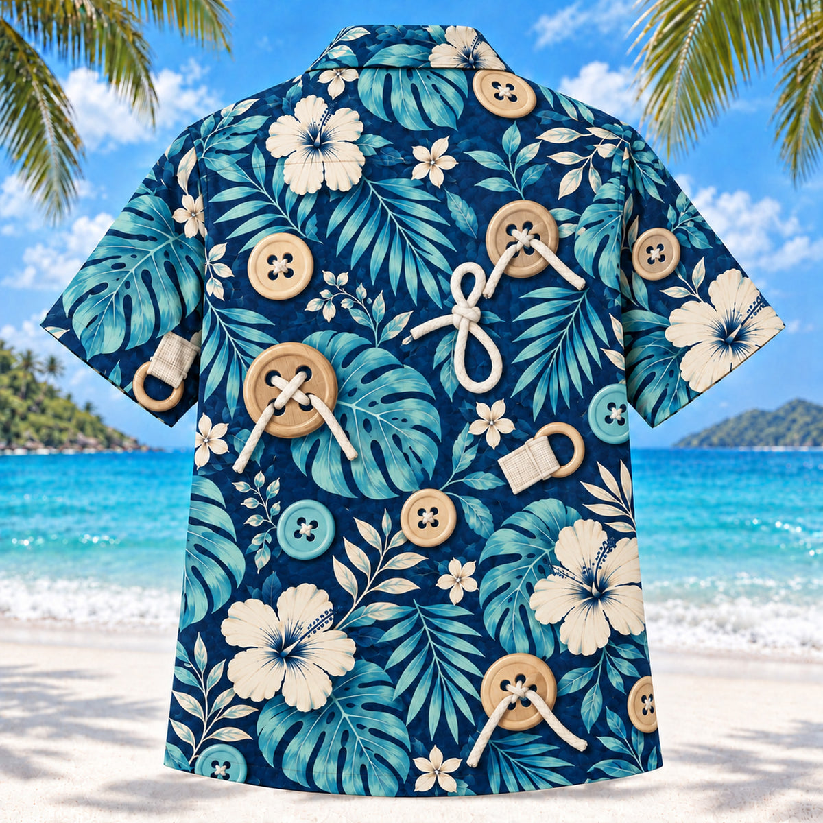 Back view of Button Practice Navy Occupational Therapist Hawaiian Shirt with matching artwork in navy, aqua, warm cream