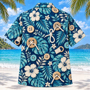 Back view of Button Practice Navy Occupational Therapist Hawaiian Shirt with matching artwork in navy, aqua, warm cream