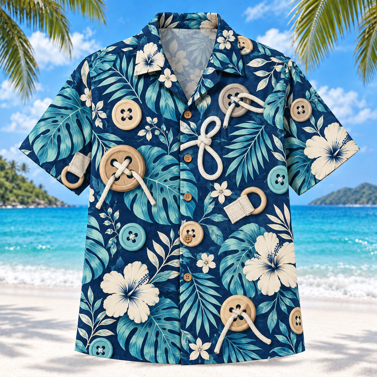 Front view of Button Practice Navy Occupational Therapist Hawaiian Shirt with original buttons, fabric loops and leaves in a large focal motifs with small botanical echoes