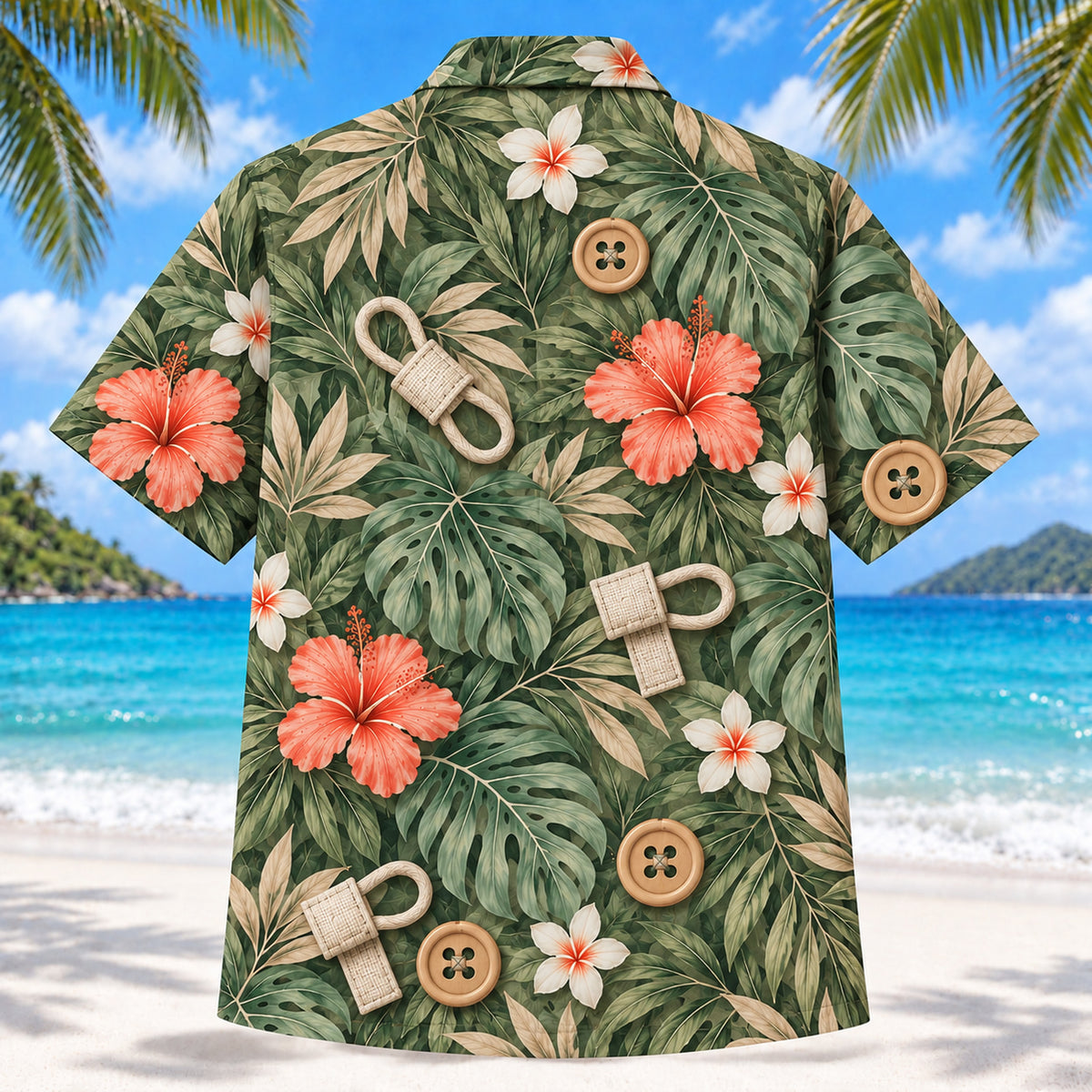 Back view of Button Practice Sage Occupational Therapist Hawaiian Shirt with matching artwork in sage, sand, coral