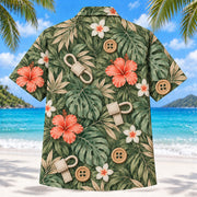 Back view of Button Practice Sage Occupational Therapist Hawaiian Shirt with matching artwork in sage, sand, coral