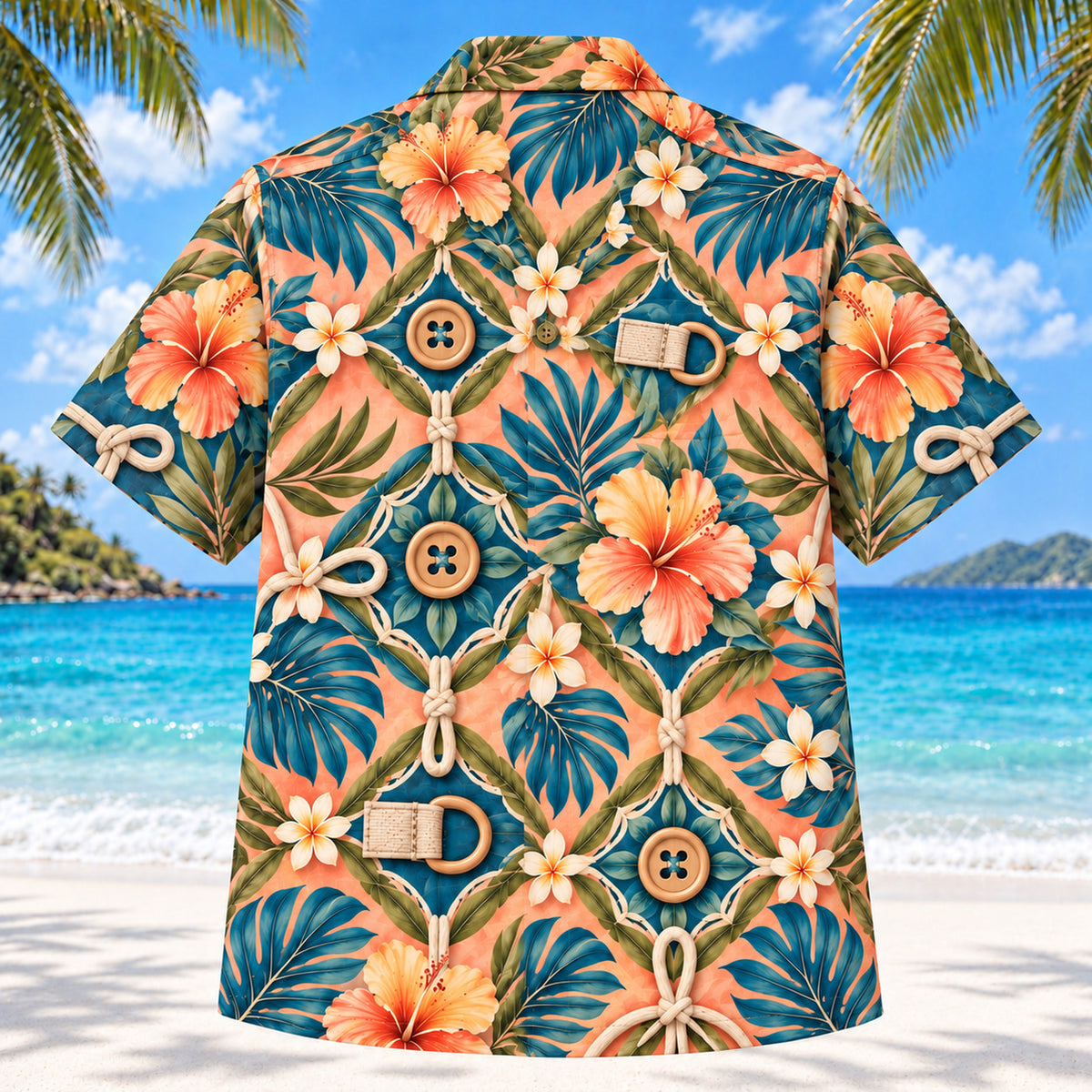 Back view of Button Practice Sunset Occupational Therapist Hawaiian Shirt with matching artwork in sunset peach, sea blue, olive