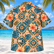 Back view of Button Practice Sunset Occupational Therapist Hawaiian Shirt with matching artwork in sunset peach, sea blue, olive