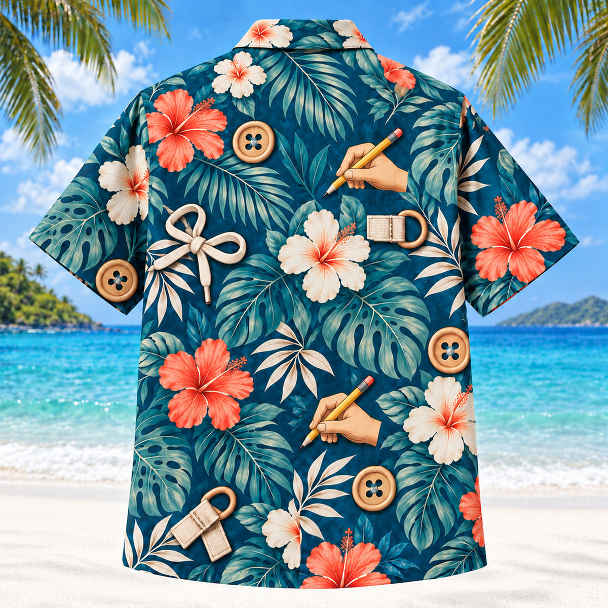 Back view of Button Practice Teal Occupational Therapist Hawaiian Shirt on a Hawaiian beach with fine white sand