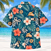 Back view of Button Practice Teal Occupational Therapist Hawaiian Shirt on a Hawaiian beach with fine white sand