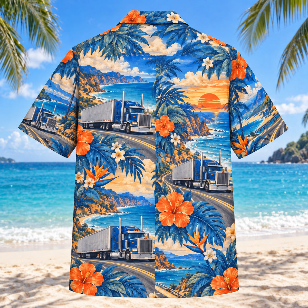 Back view of Cab Profile Truck Driver Hawaiian Shirt with matching artwork in cobalt, sand, orange